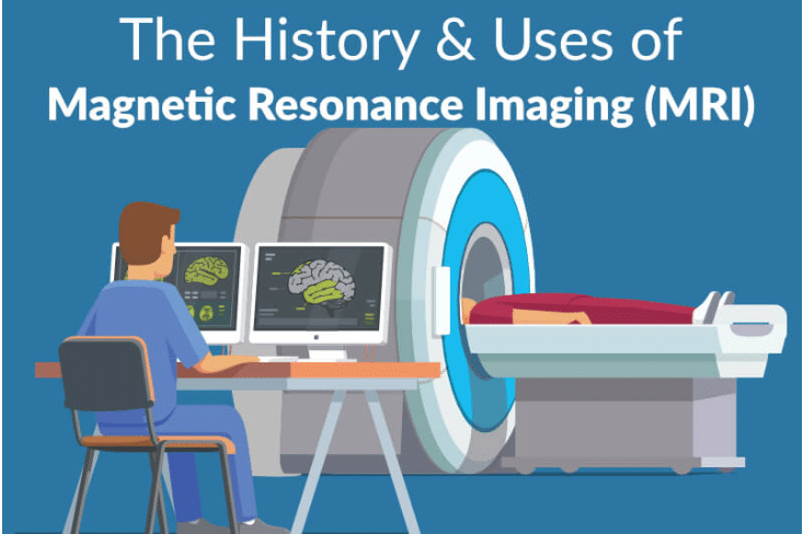 Illustration of MRI machine and technician at computer